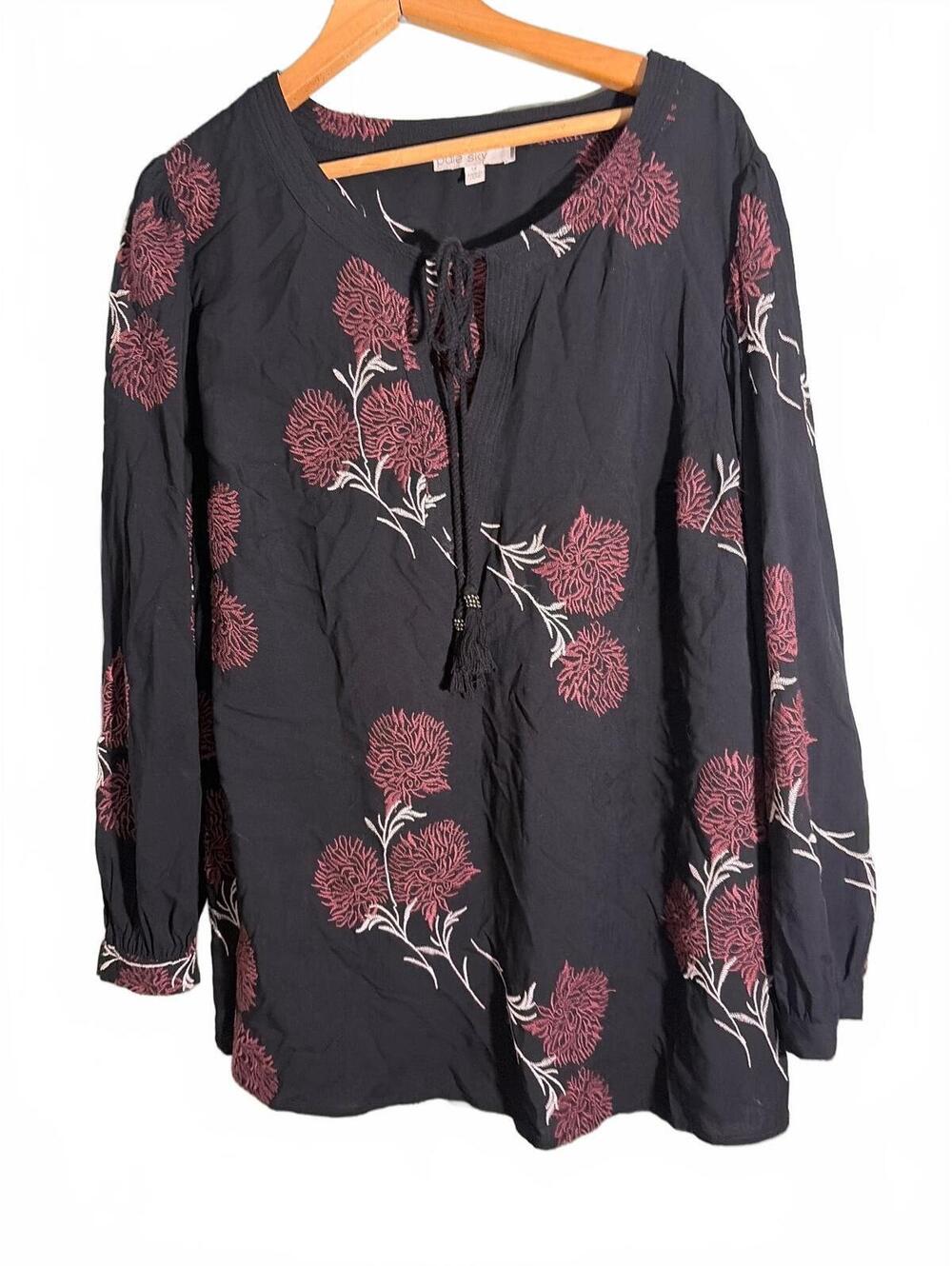 Pale Sky Black Rayon Blouse with Pink Floral Embroidery, Size 1X Fall
